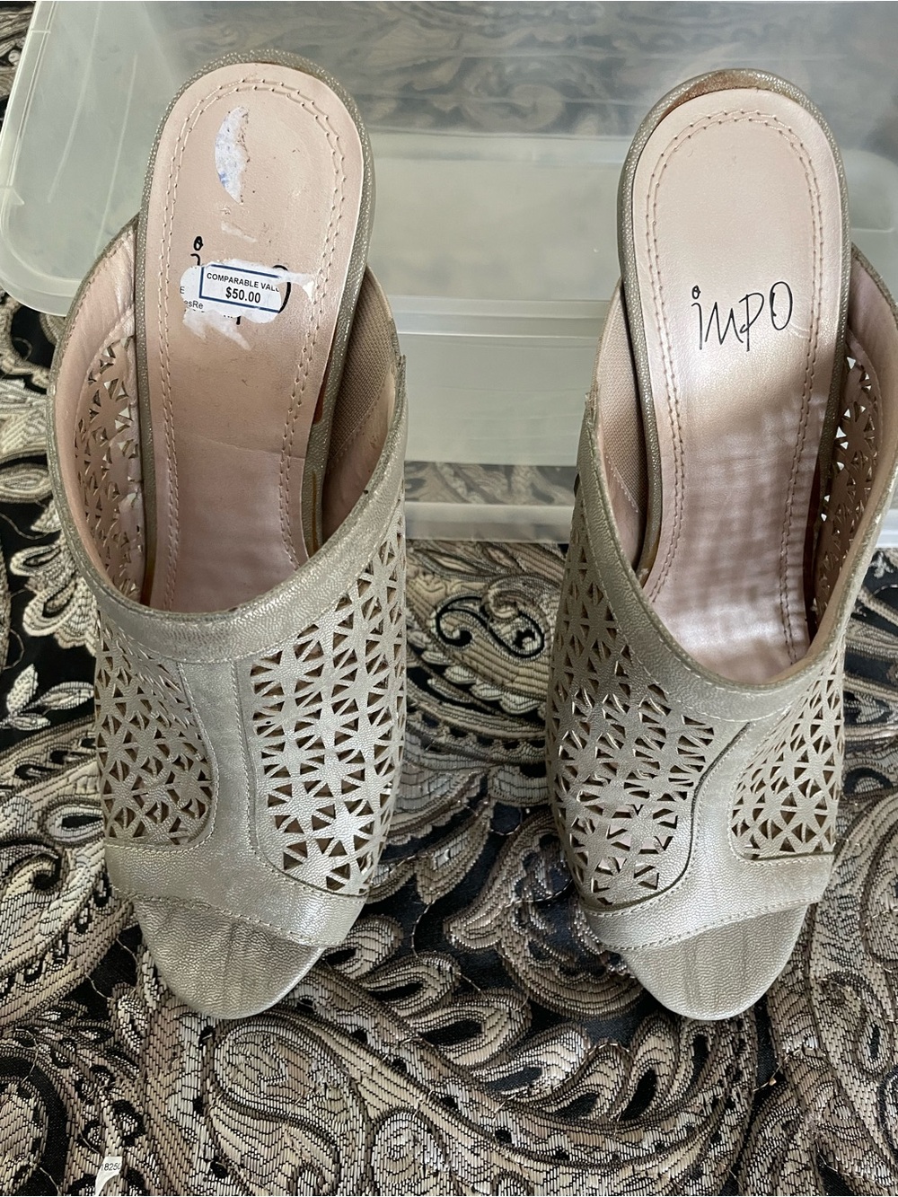 Impo Holly Pewter Gold Laser-Cut Slip-On Mule Heels